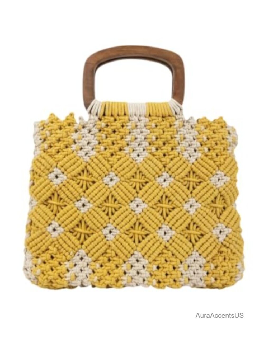 Handmade Macramé Tote Bag Boho Woven Purse with Wooden Handles